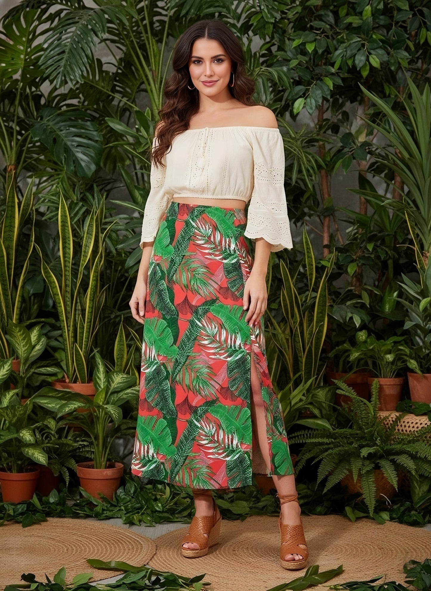 Berrylush Women Red & Green Tropical Printed High-Rise Waist Straight Hem Thigh-High Slit A-Line Maxi Skirt