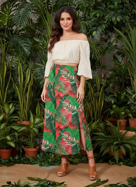 Berrylush Women Red & Green Tropical Printed High-Rise Waist Straight Hem Thigh-High Slit A-Line Maxi Skirt