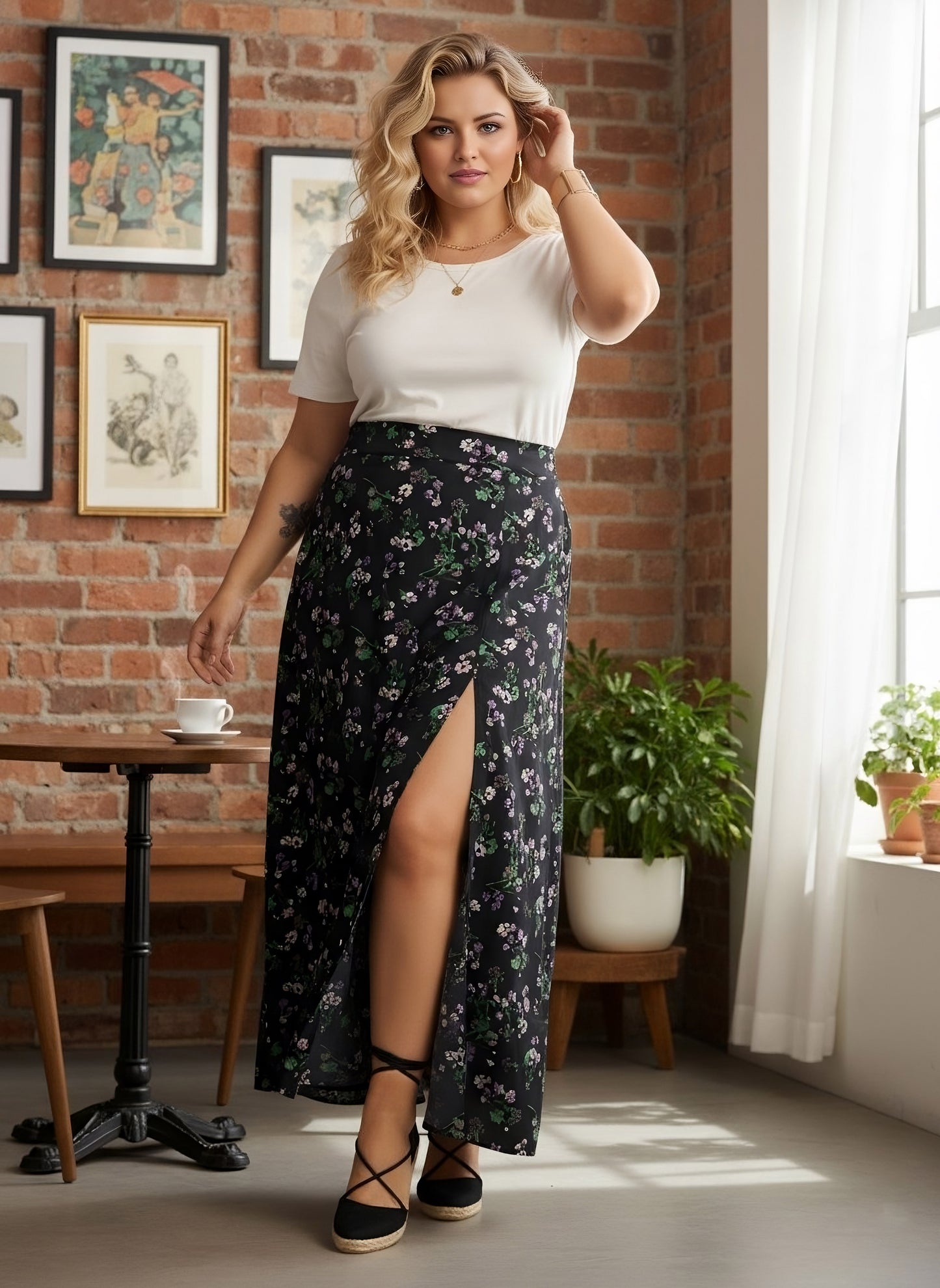 Berrylush Curve Women Black, Purple, & Green Floral Printed High-Rise Waist Thigh-High Slit Straight Hem A-Line Maxi Skirt