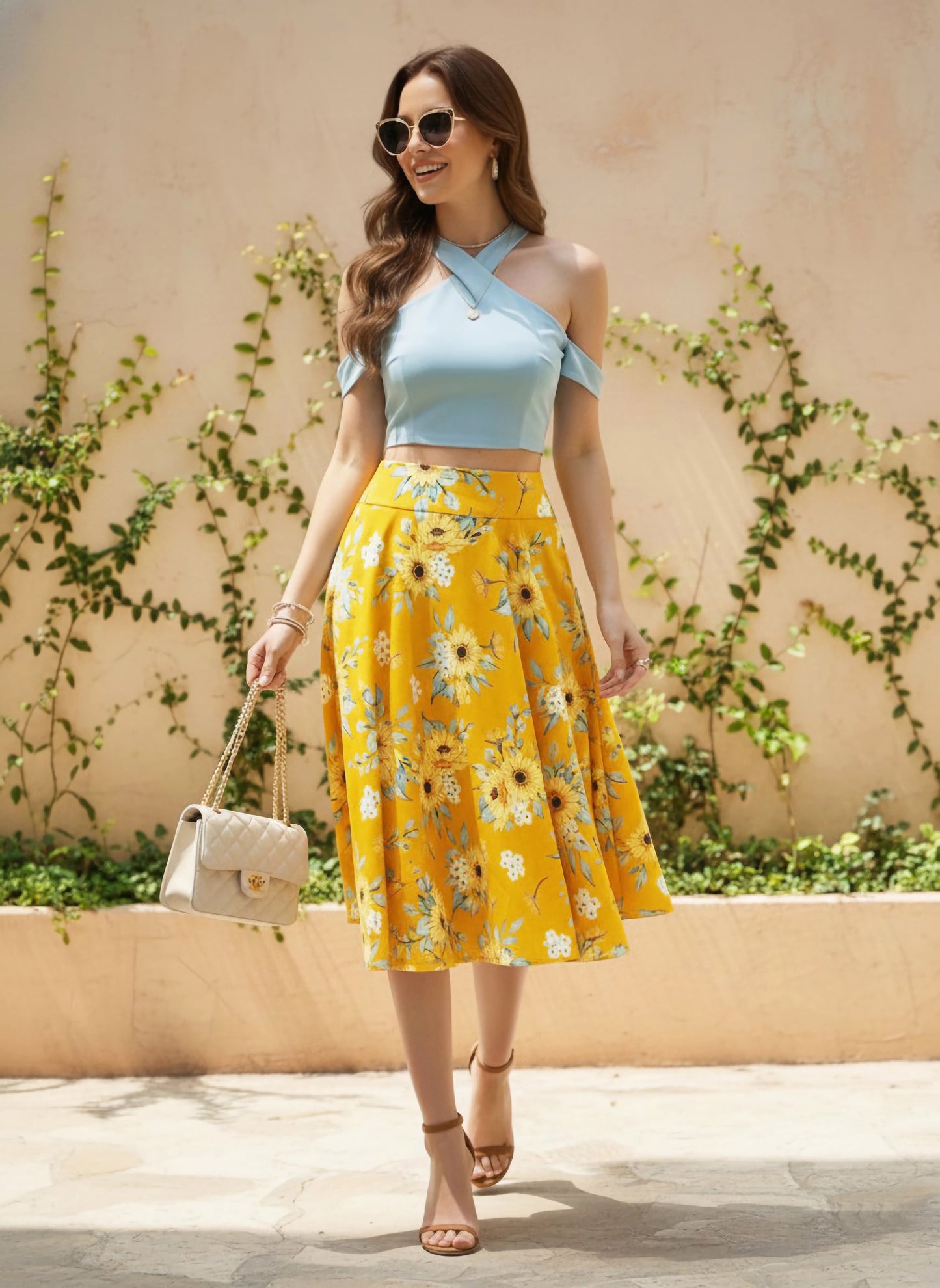 Berrylush Women Yellow & Green Floral Printed High-Rise Waist Slip-On Pleated A-Line Midi Skirt