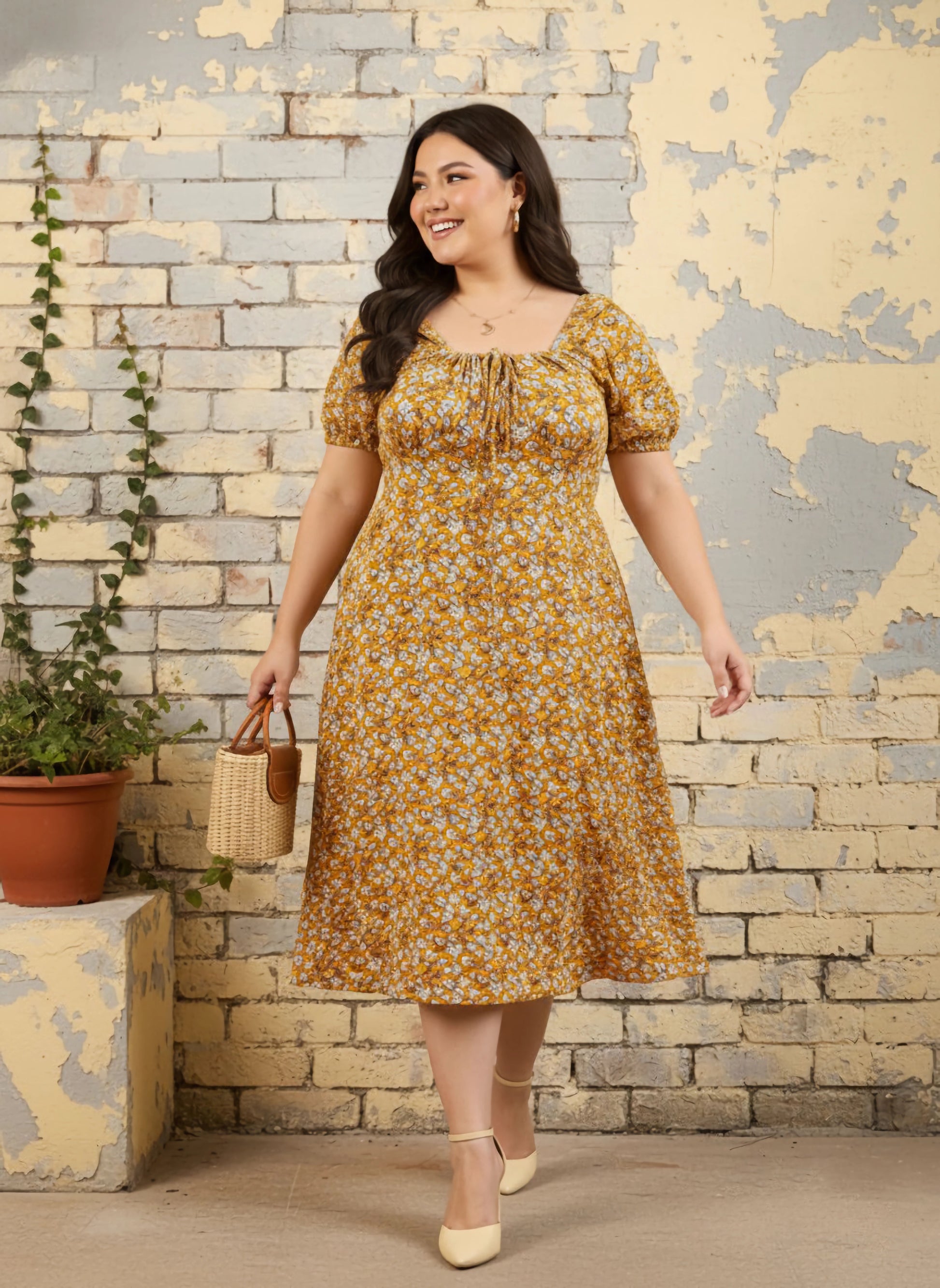 Women Mustard Yellow & White Floral Printed Square Neck Tie-Up Front Straight Hem Smocked Fit & Flare Midi Dress - Berrylush Curve Women Mustard Yellow & White Floral Printed Square Neck Tie-Up Front Straight Hem Smocked Fit & Flare Midi Dress - Berrylush Curve