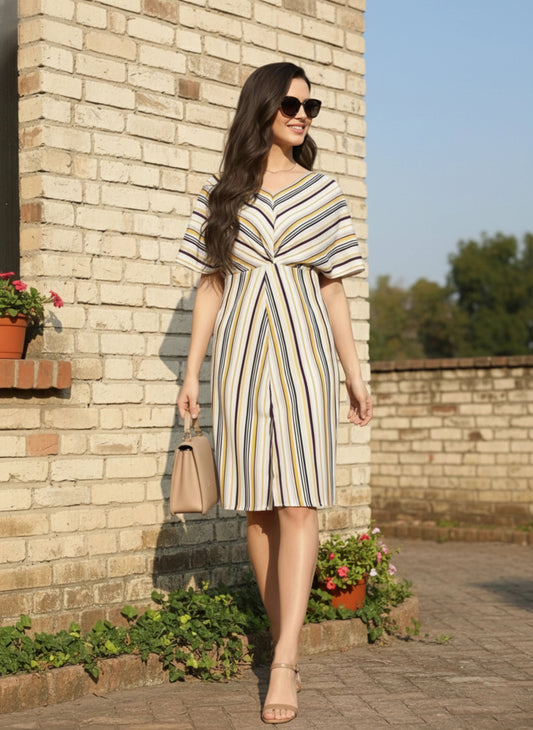 Berrylush Women Yellow & Off-White Stripe Printed V-Neck Front Slit Pleated A-Line Mini Dress