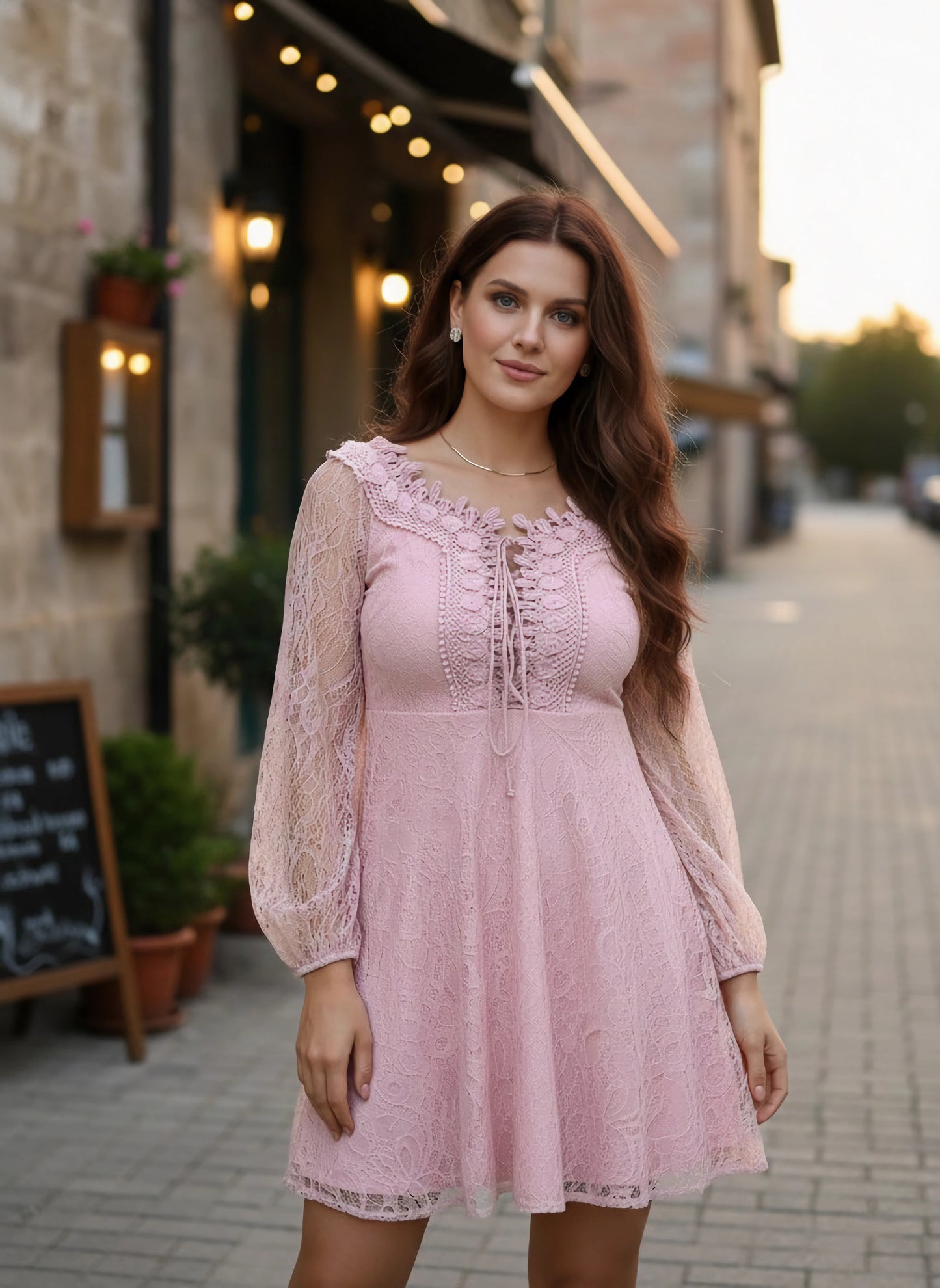 Pink Floral Pattern V-Neck Bishop Sleeves Lace-up Ruffled A-Line Mini Dress
