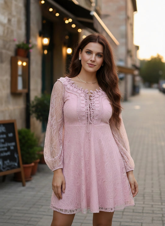 Pink Floral Pattern V-Neck Bishop Sleeves Lace-up Ruffled A-Line Mini Dress