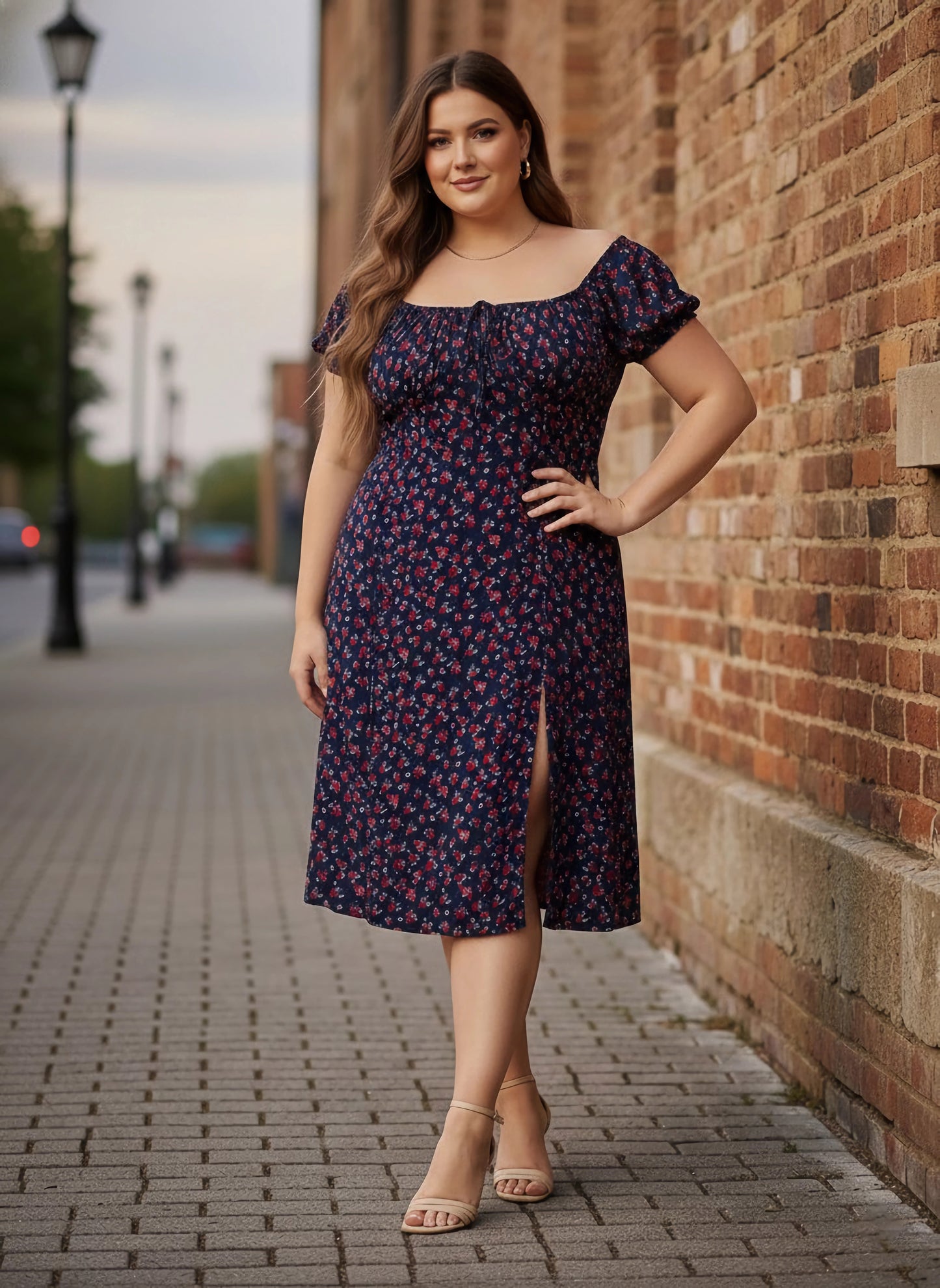 Plus Size Navy Blue & Red Floral Printed Square Neck Front Tie-Up Thigh-High Slit Flared A-Line Midi Dress