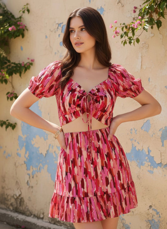 Berrylush Women Pink & Maroon Abstract Printed Sweetheart Neck Ruffled A-Line Mini Dress