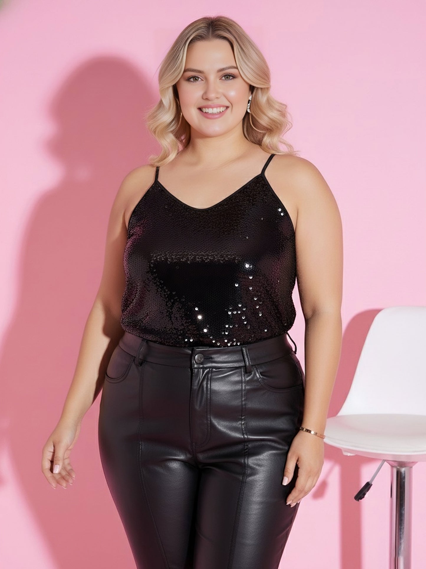 Berrylush Women Plus Size Solid Black V-Neck Sleeveless Sequin Embellished Regular Cami Top