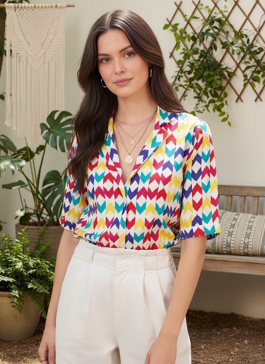 Berrylush BIZwear Women White & Multicolour Geometric Printed Collar Neck Front Button Regular Top