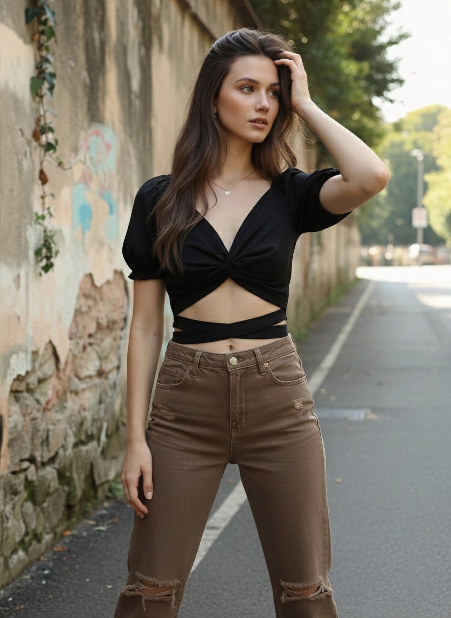 Berrylush Women Solid Black Sweetheart Neck Front Twist Waist Tie-Up Crepe Wrap Crop Top