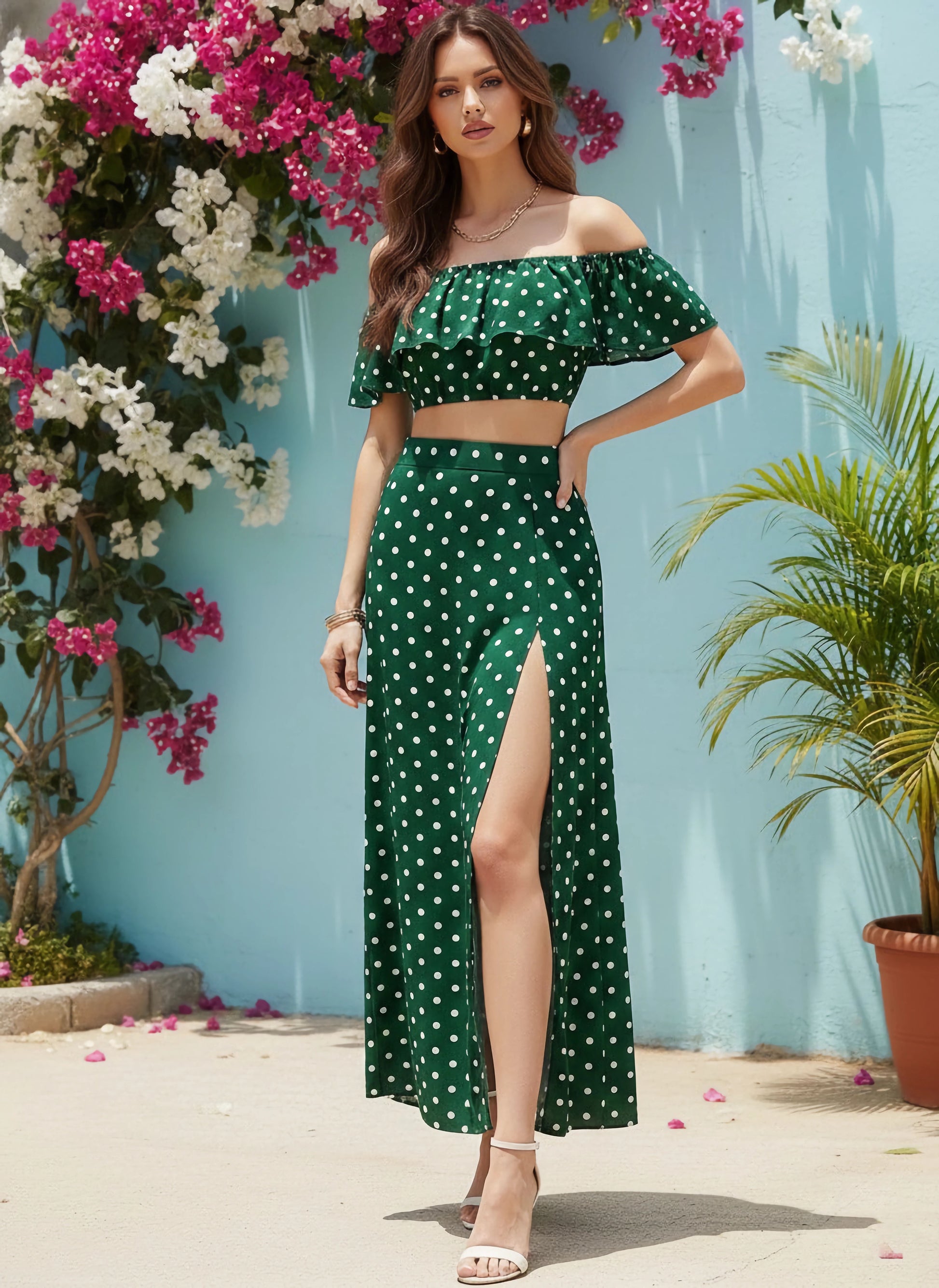 Berrylush Women Green & White Polka Dot Printed Off-Shoulder Co-Ordina Berrylush Women Green & White Polka Dot Printed Off-Shoulder Co-Ordina