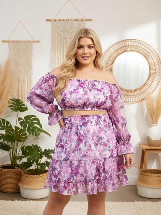 Berrylush Curve Women White & Purple Floral Printed Off-Shoulder Neck Slip-On Cropped Top & Flared Mini Skirt Co-Ord Set