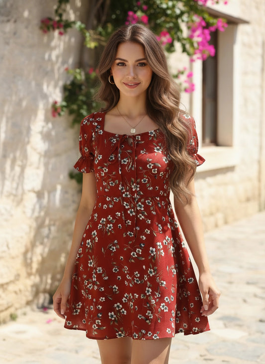 Berrylush Women Red & White Floral Printed Sweetheart Neck Tie-Up Front Crepe Fit & Flare Mini Dress
