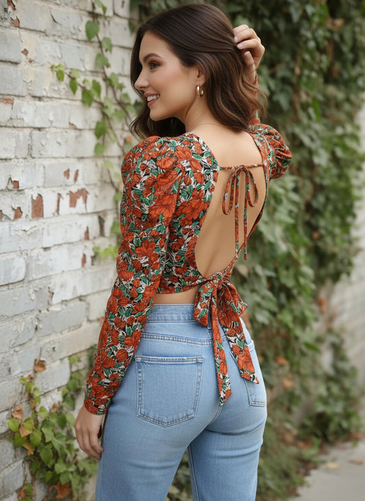 Berrylush Women Red & Sea Green Floral Printed Round-Neck Styled Back Crop Top