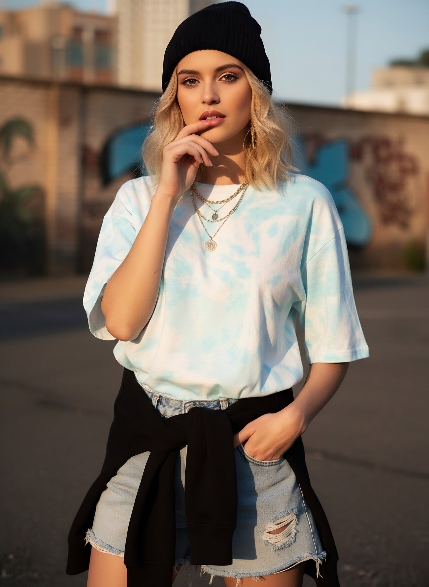 Berrylush Women White & Blue Tie-Dye Printed Round Neck Drop-Shoulder Cotton Longline T-Shirt