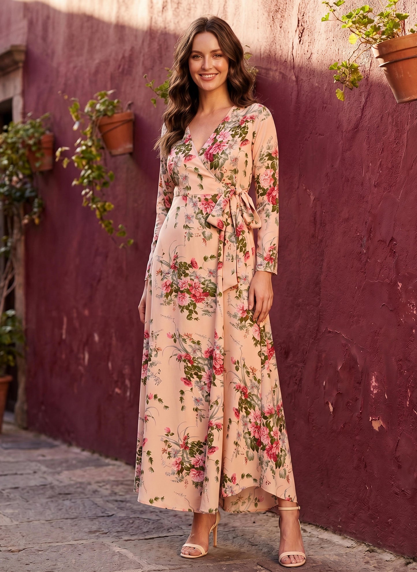 Berrylush Women Beige Floral Printed V-Neck Wrap Style Maxi Dress