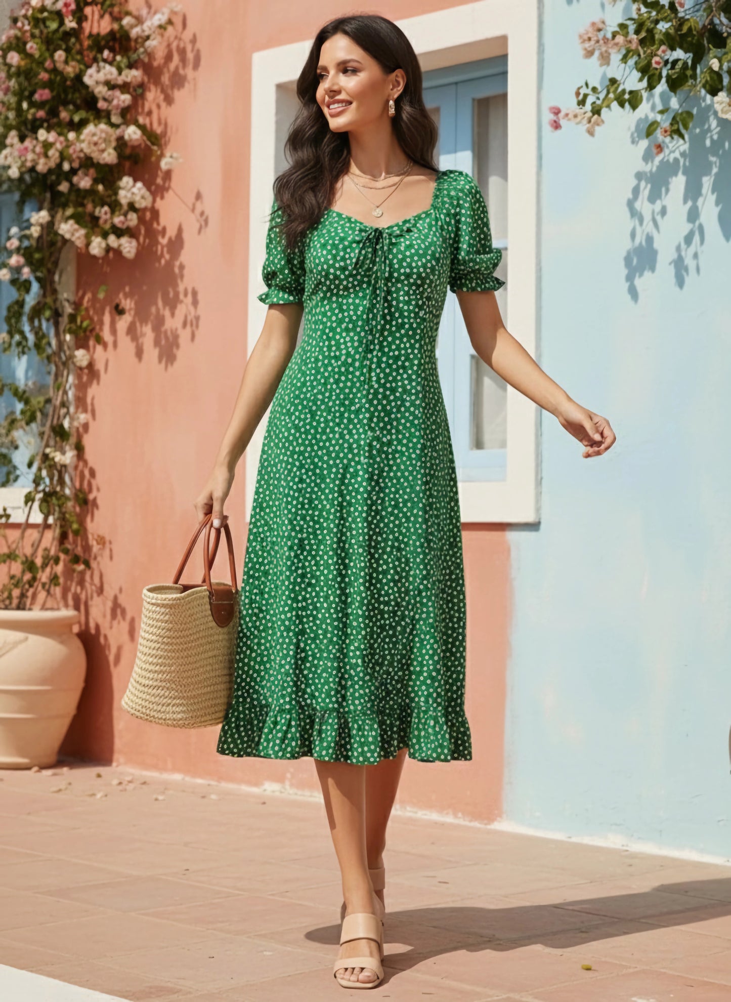 Berrylush Women Green & White Floral Printed Tie-Up Sweetheart Neck Ruffled A-Line Midi Dress