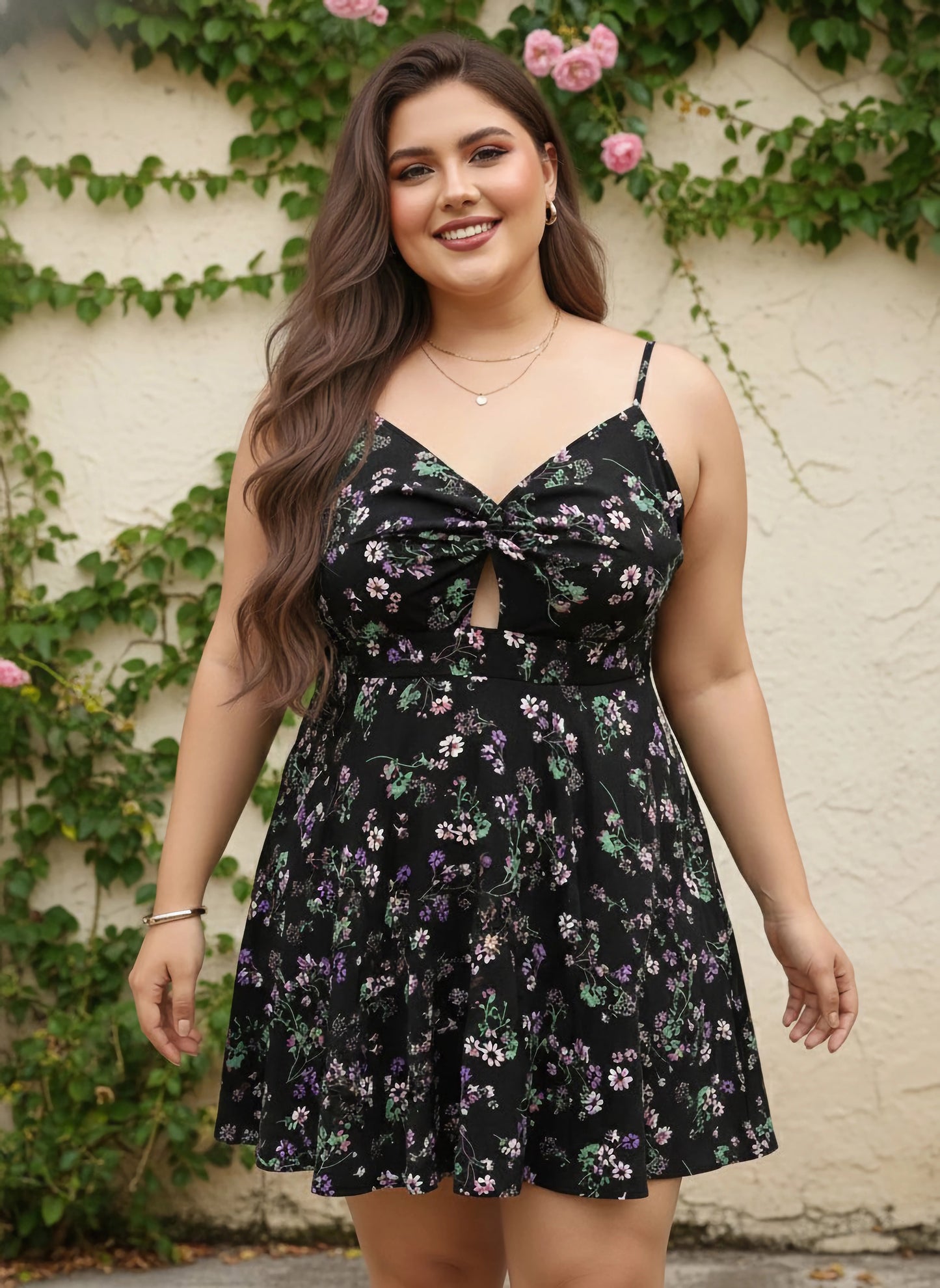 Women Plus Size Black & Purple Floral Printed Crepe Front Twist Detail  Crepe Mini Dress