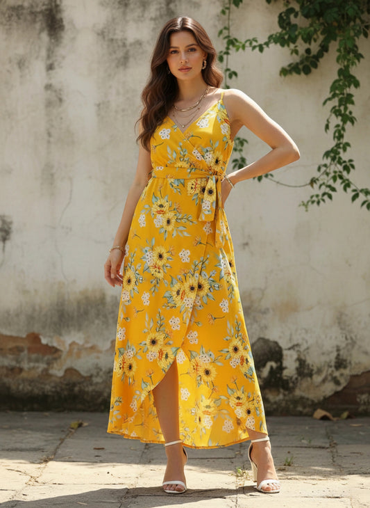 Berrylush Women Yellow & White Floral Printed V-Neck Waist Tie-Up Crepe Tulip Hem Maxi Dress