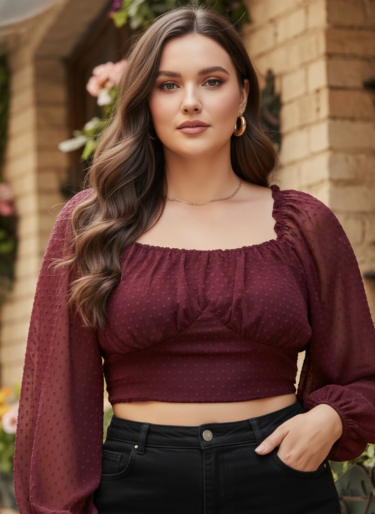 Berrylush Women Plus Size Solid Maroon Dobby Weave Sweetheart Neck Puff Sleeve Georgette Smocked Crop Top