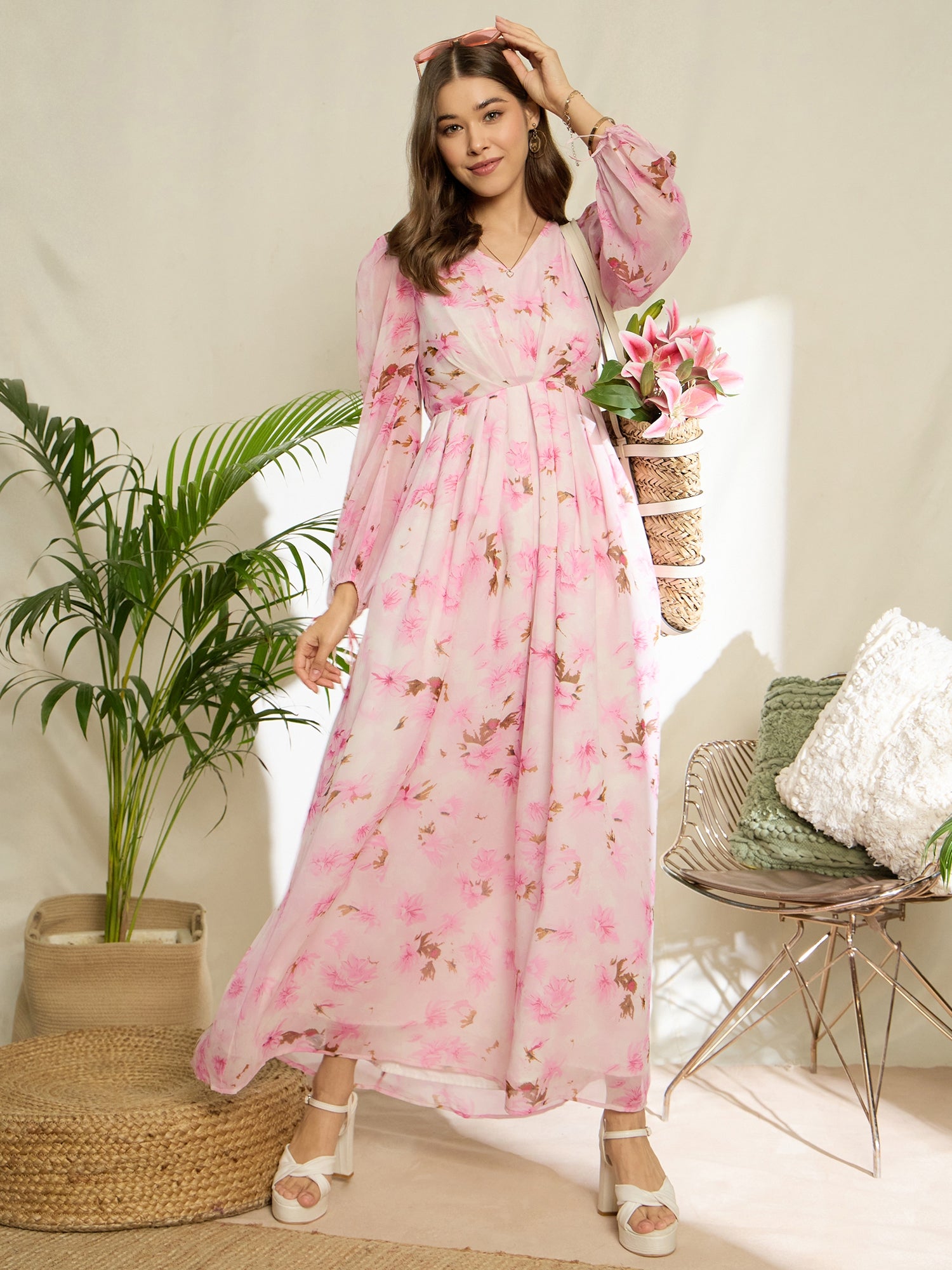 Women Pink Floral Printed V-Neck Bishop Tie-Up Cuff Sleeves Back Concealed Zipper-Up Pleated Maxi Dress - Berrylush Women Pink Floral Printed V-Neck Bishop Tie-Up Cuff Sleeves Back Concealed Zipper-Up Pleated Maxi Dress - Berrylush