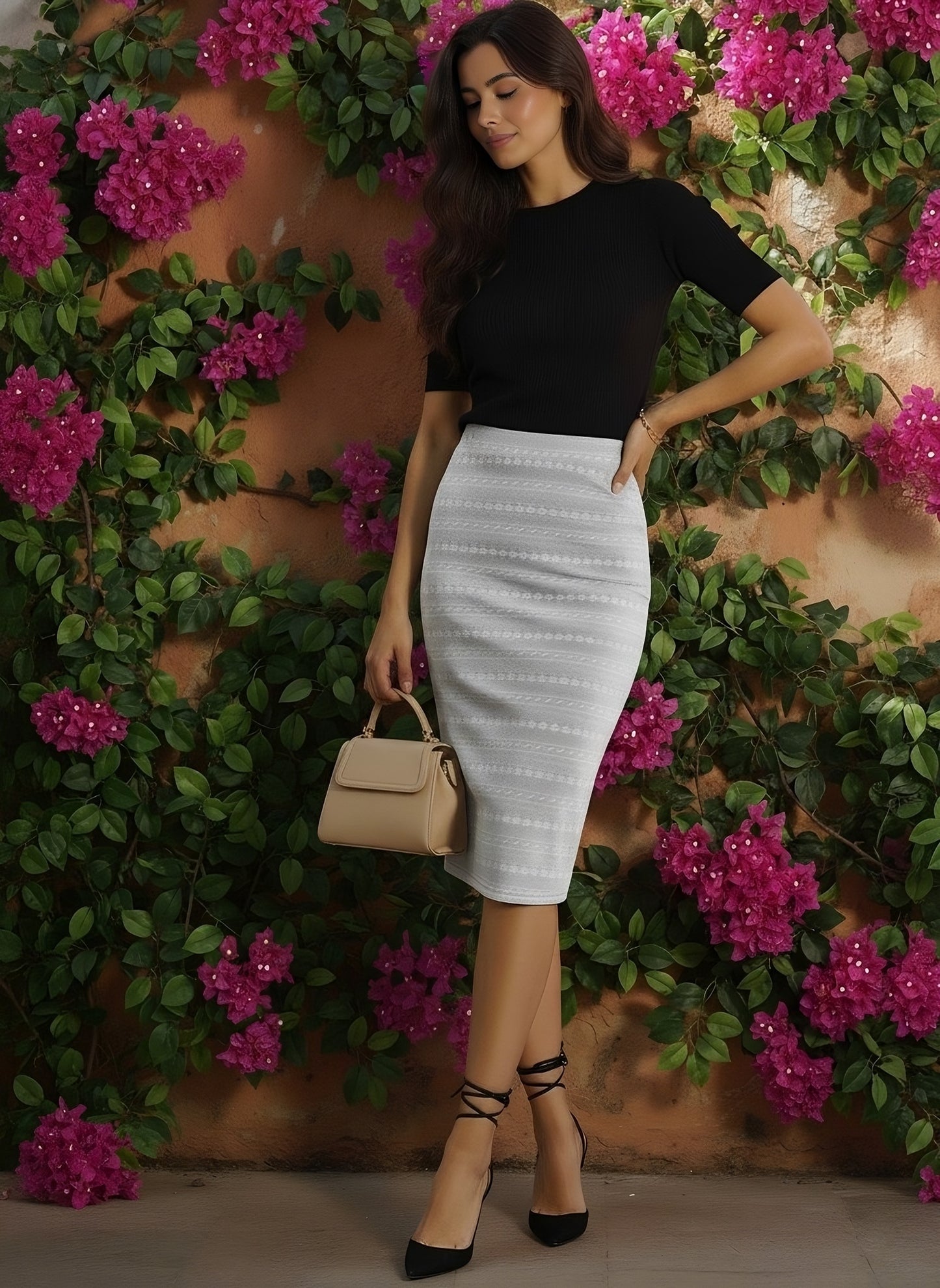 Berrylush Women Grey & White Ethnic Printed Straight Hem Slip-On Knitted Pencil Midi Skirt