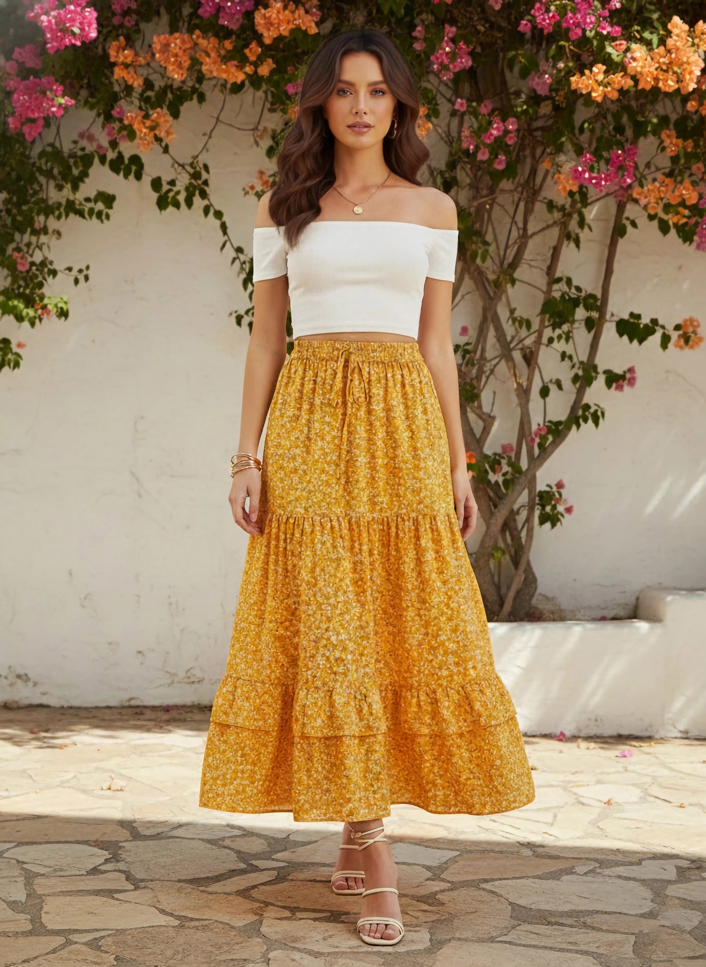 Berrylush Women Yellow & White Floral Printed High-Rise Elastic Waist Tie-Up Pleated A-Line Maxi Skirt
