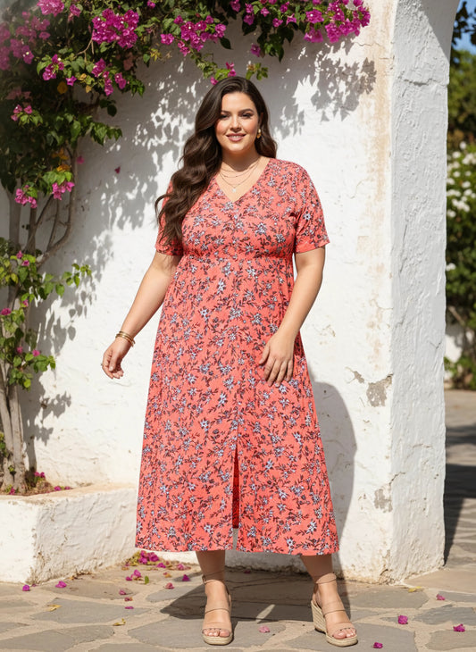 Berrylush Women Plus Size Orange & Blue Floral Printed V-Neck Crepe Front-Slit Flared A-Line Maxi Dress