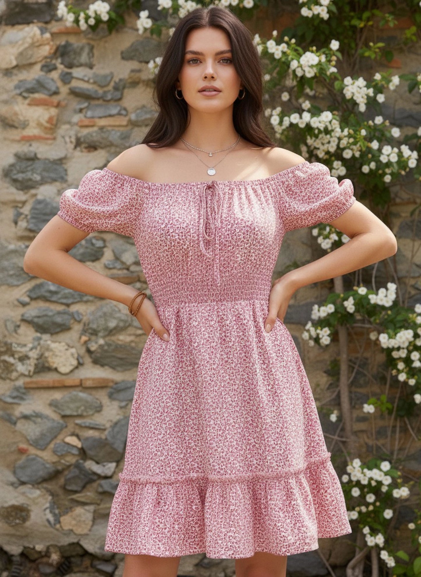 White & Pink Floral Printed Off-Shoulder Neck Front Tie-Up Pleated Fit & Flare Mini Dress