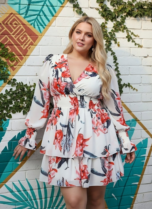Berrylush Women Plus Size White & Peach Floral Printed V-Neck Smocked A-Line Mini Dress