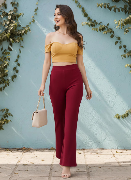 Berrylush Women Solid Red High-Rise Waist Front-Flat Pleat Wide-Leg Knitted Regular Trousers