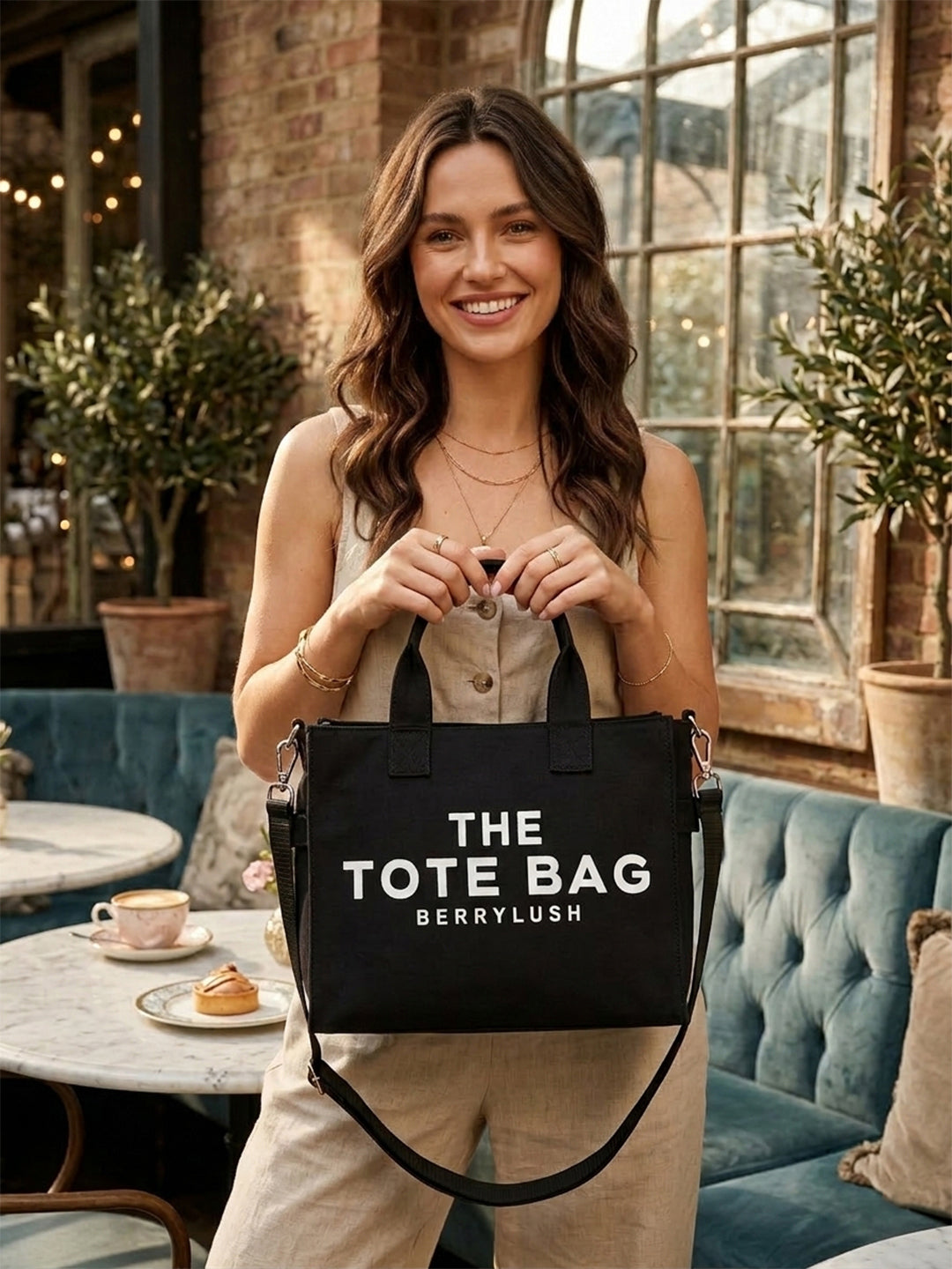 Black Solid Two Handles Regular Shoulder Bag