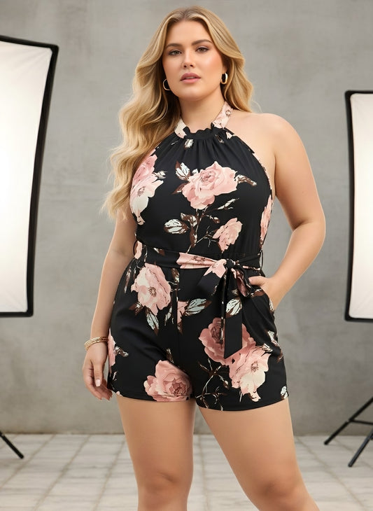 Berrylush Curve Women Black & Pink Floral Printed Halter Neck Sleeveless Waist Tie-Up Backless Pleated Mini Jumpsuit
