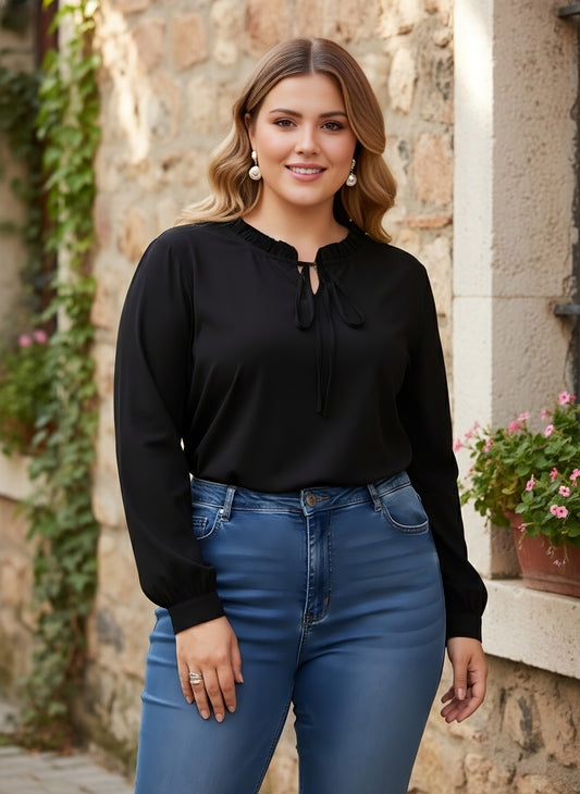 Berrylush Women Plus Size Solid Black Tie-Up Neck Cuff Sleeves Crepe Ruffled Regular Top