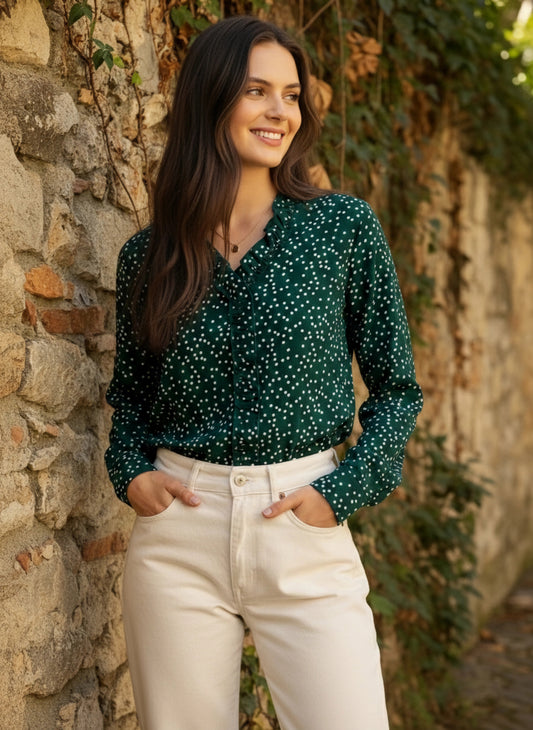 Green & White Polka Dot Printed V-Neck Long Sleeves Pleated Regular Top