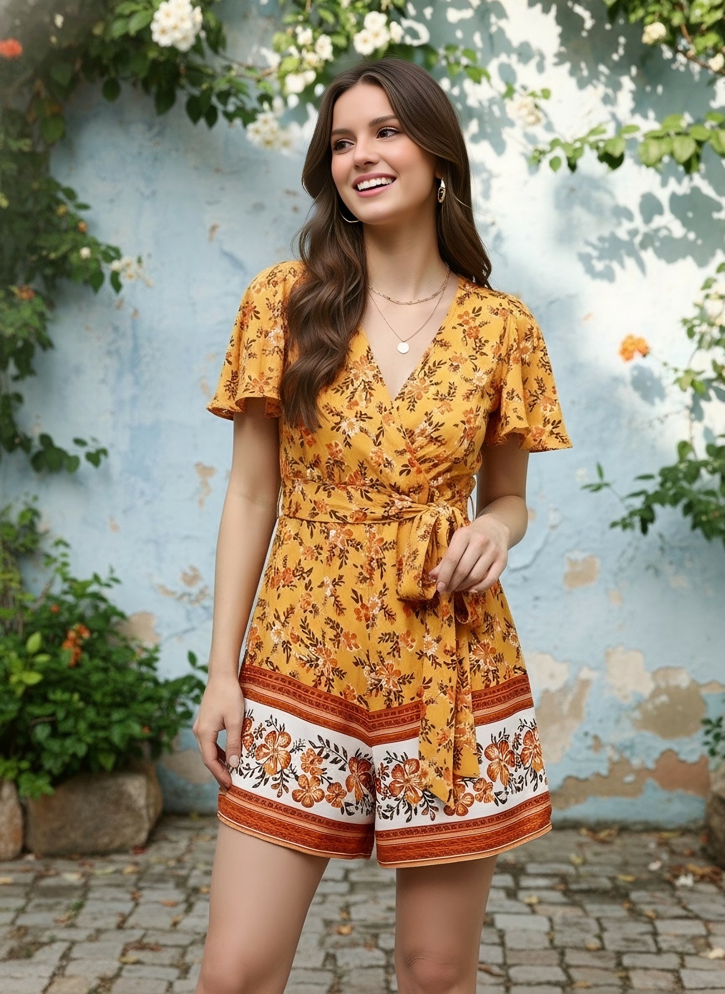 Berrylush Women Yellow & Orange Floral Printed V-Neck Waist Tie-Up Wrap Mini Playsuit