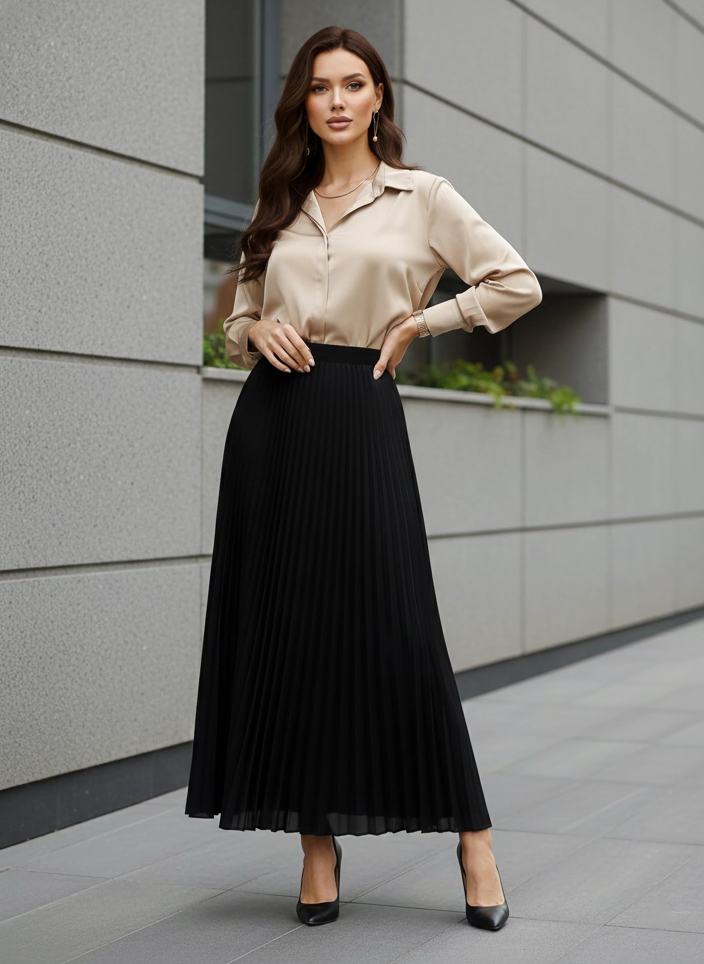 Berrylush BIZwear Women Solid Black High-Rise Waist Slip-On Pleated A-Line Maxi Skirt