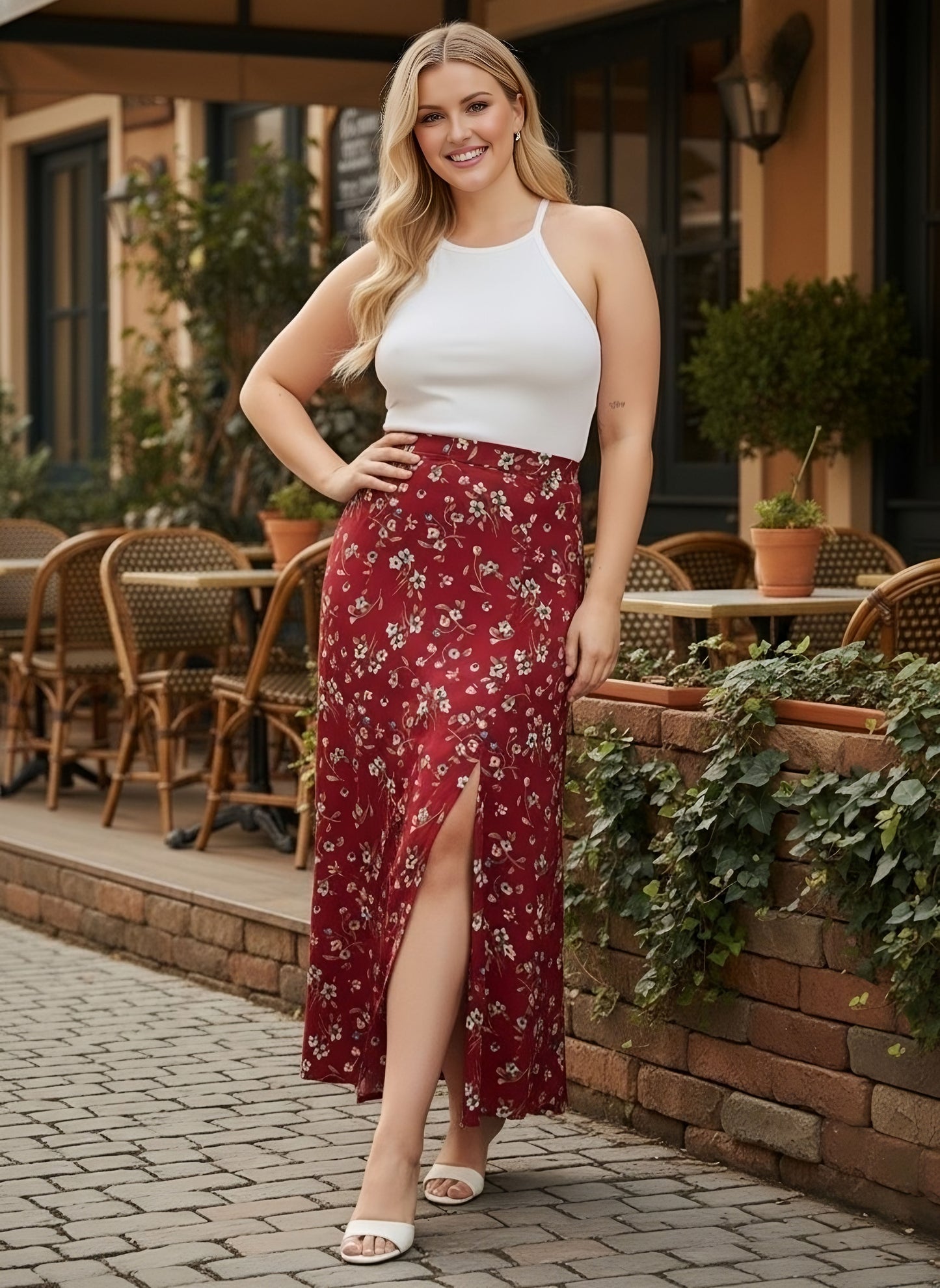 Berrylush Curve Women Red  Floral Print High Rise Side slit Maxi Skirt