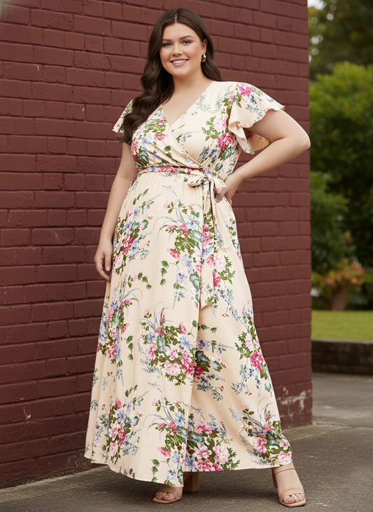 Plus Size Beige & Pink Floral Printed V-Neck Flutter Sleeve Tie-Up Waist Flared Maxi Dress