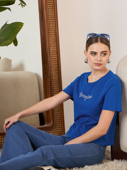 Berrylush Women Solid Blue Round Neck Front Brand Logo Short Sleeves Knitted Regular T-Shirt