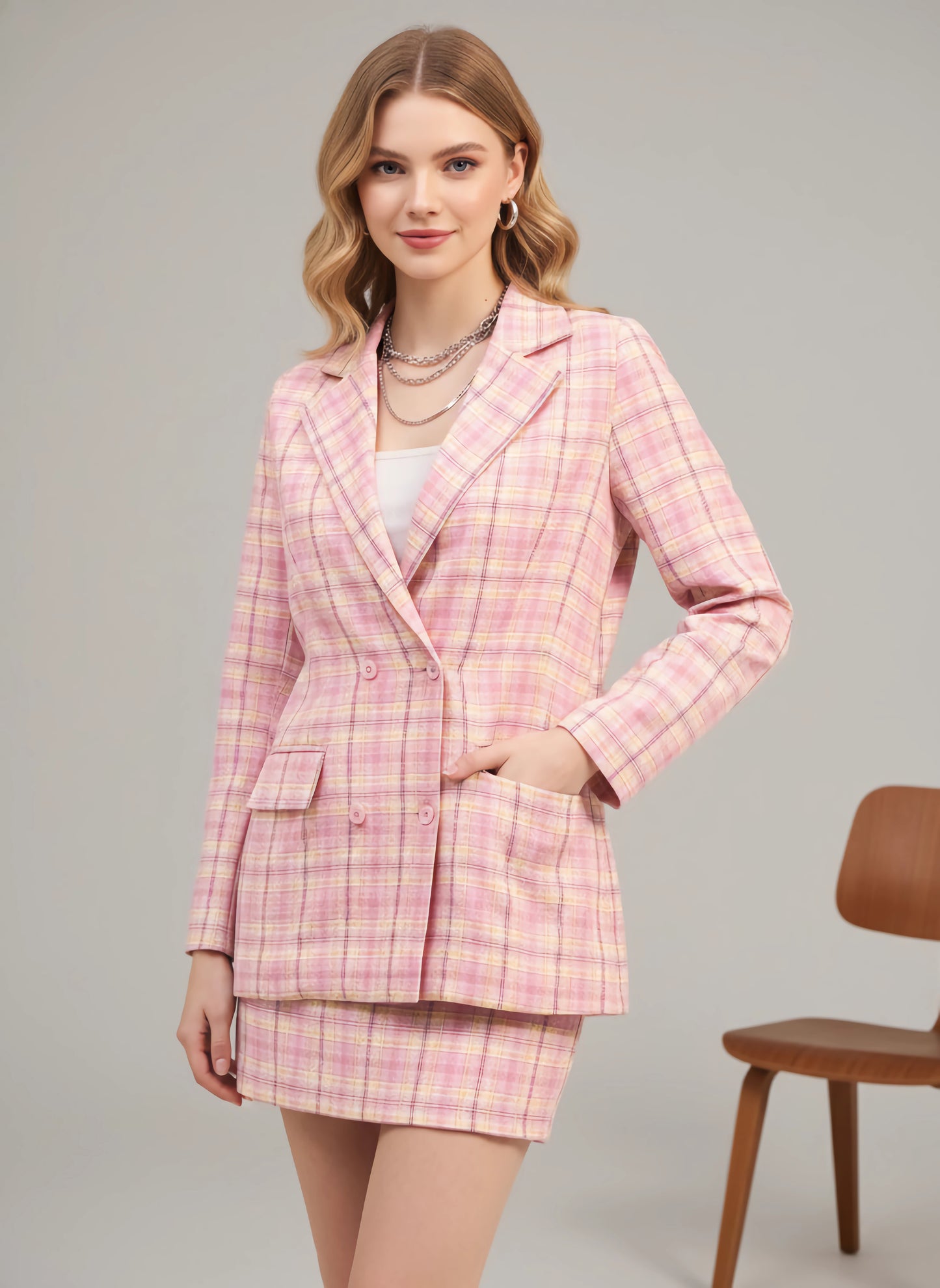 Berrylush Women Pink Notched Collar Neck Double Breasted Regular Blazer & Slip-On Mini Skirt Co-Ord Set