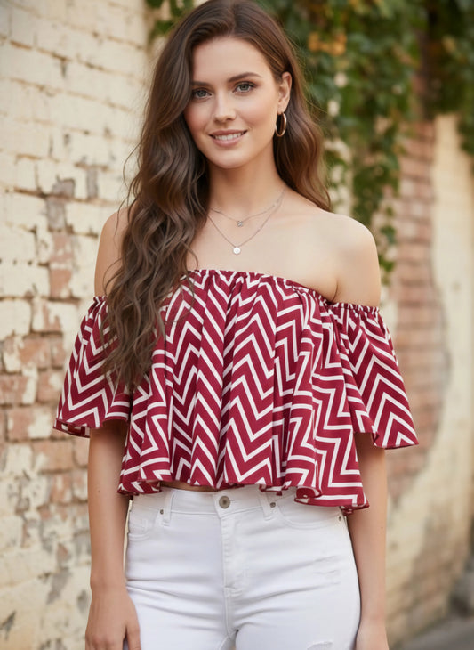 Berrylush Women Red & White Geometric Printed Off-Shoulder Neck Ruffled Crop Bardot Top