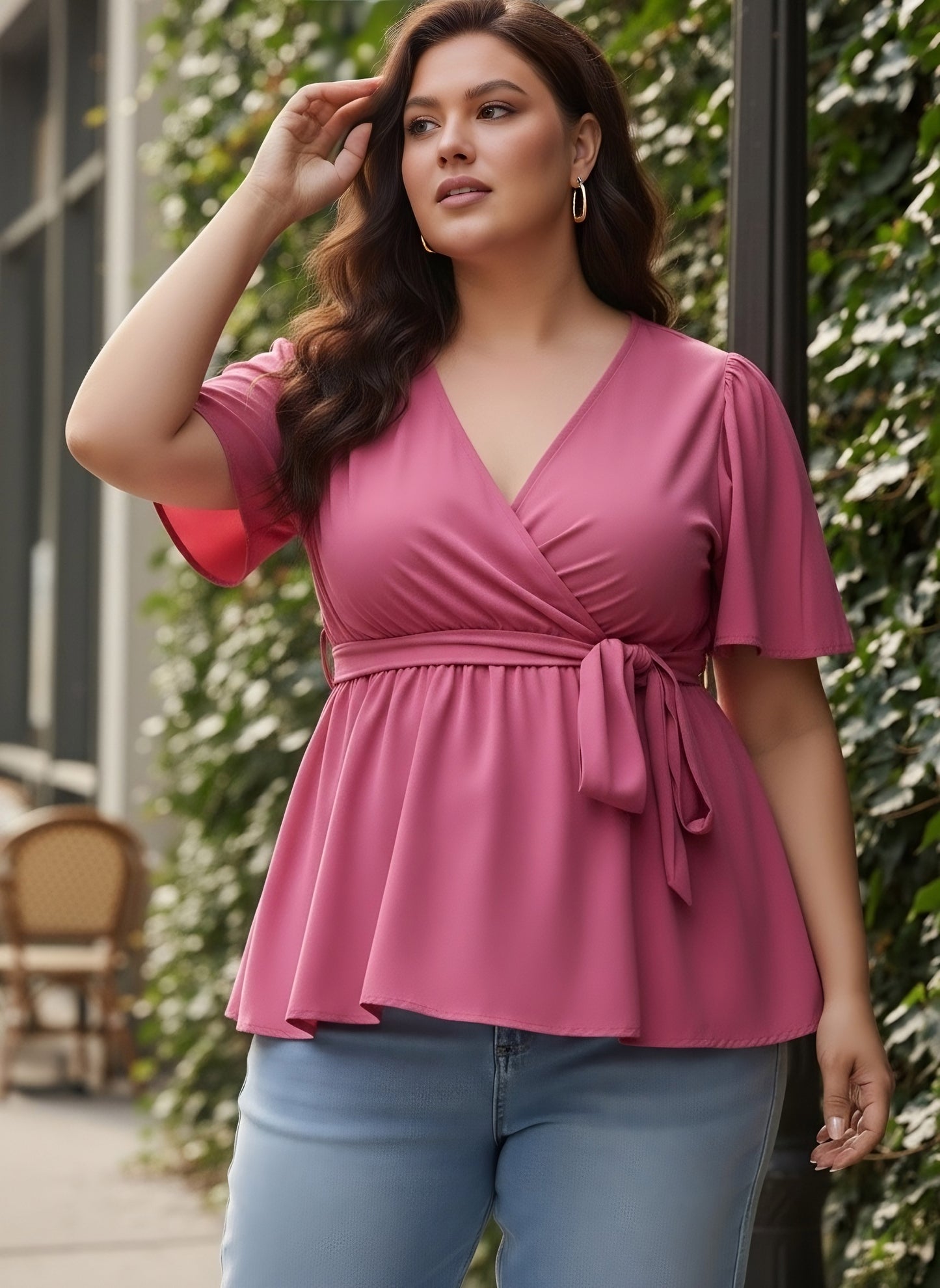 Berrylush Curve Women Solid Pink V-Neck Flared Sleeves Waist Tie-Up Pleated Regular Empire Top
