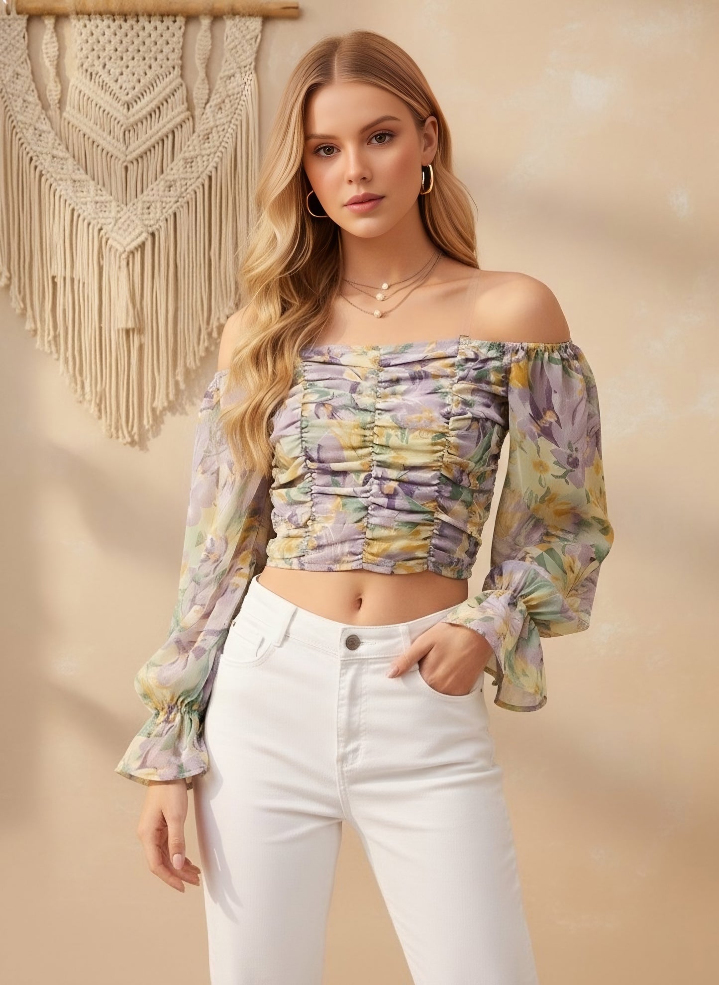 Berrylush Women Purple & Yellow Floral Printed Off-Shoulder Neck Bishop Sleeves Adjustable Shooulder Straps Georgette Pleated Crop Top