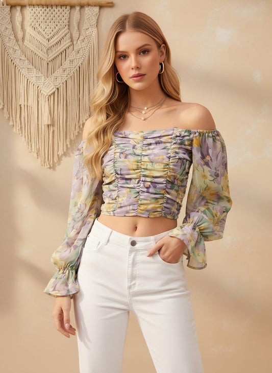 Berrylush Women Purple & Yellow Floral Printed Off-Shoulder Neck Bishop Sleeves Adjustable Shooulder Straps Georgette Pleated Crop Top