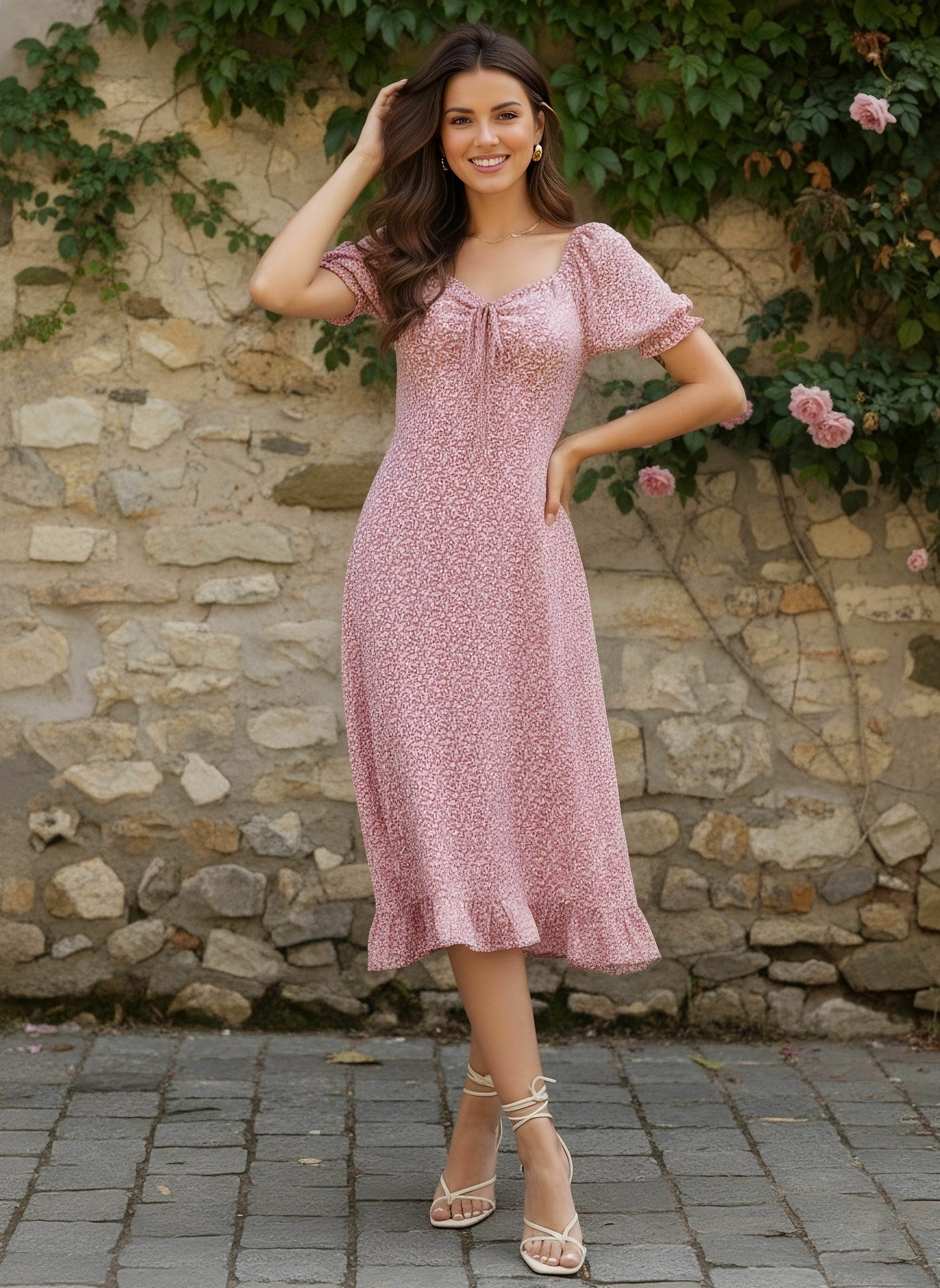 Berrylush Women Pink Floral Printed Crepe Ruffled A-Line Midi Dress