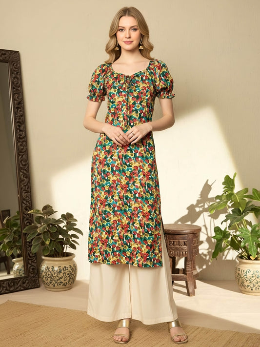 Berrylush Women Red, Green, & Yellow Floral Printed Sweetheart Neck Front Tie-Up Side-Slit Straight Hem Calf Length Kurta