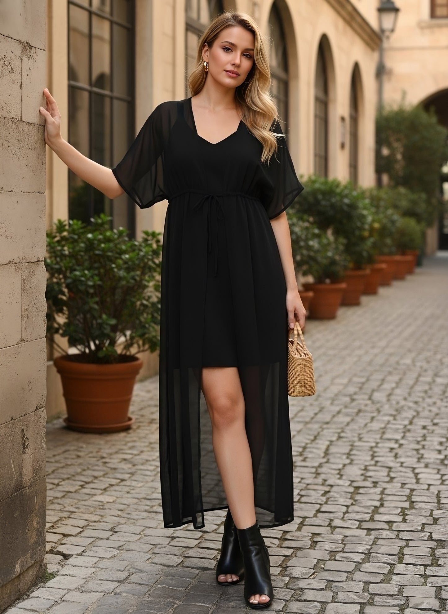 Berrylush Women Solid Black Waist Tie-Up Sheer Gathered Longline Shrug