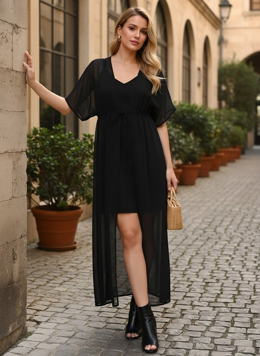 Berrylush Women Solid Black Waist Tie-Up Sheer Gathered Longline Shrug