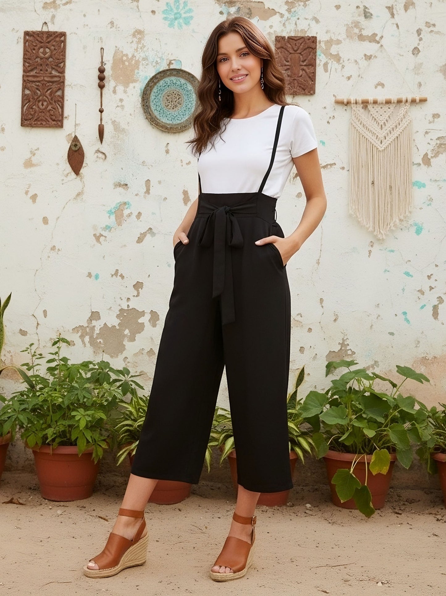 Berrylush Women Solid Black Smocked Back Tie-Up Capri Jumpsuit