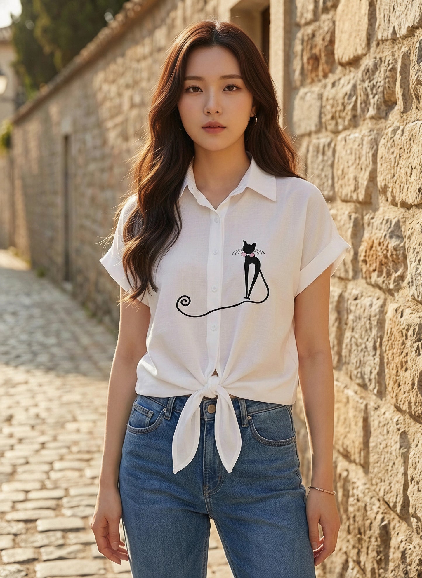 Berrylush Women Solid White Spread Collar Neck Cat Embroidered Waist Tie-Up Regular Shirt